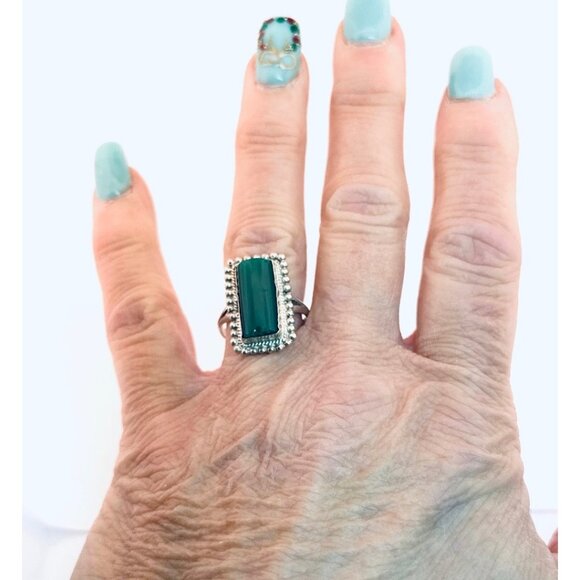 Vintage 925 Sterling Silver Green Onyx Rectangle Ring Size 9 Estate Jewelry - Picture 6 of 12